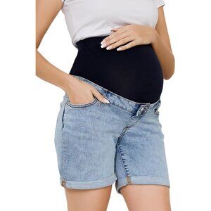 Women's Maternity Denim Shorts Over The Belly Stretchy Cuffed Pockets